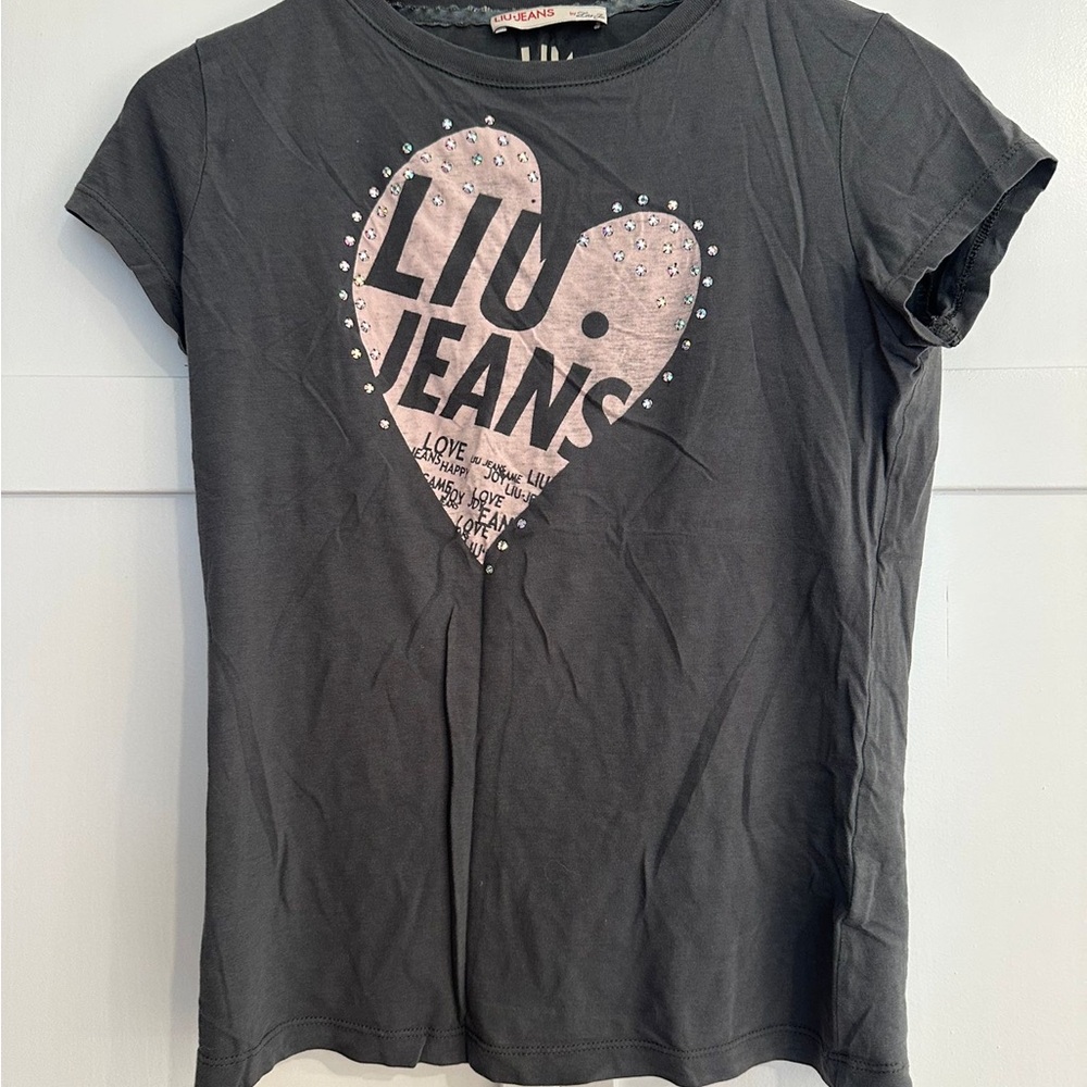 Liu Jeans Gray T-Shirt with Pink Heart